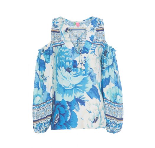 Blue bohemian floral blouse bare shoulders - BATA CHITA AZULEJO