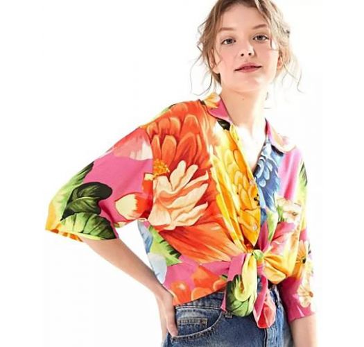 Πολύχρωμη πουκαμίσα παραλίας με εκτύπωση μεγάλα λουλούδια - CAMISA CROPPED CHITA ROMANTICA