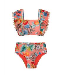 Coral pink print girls` two-piece swimsuit with  pompoms - FRUTTI KIDS
