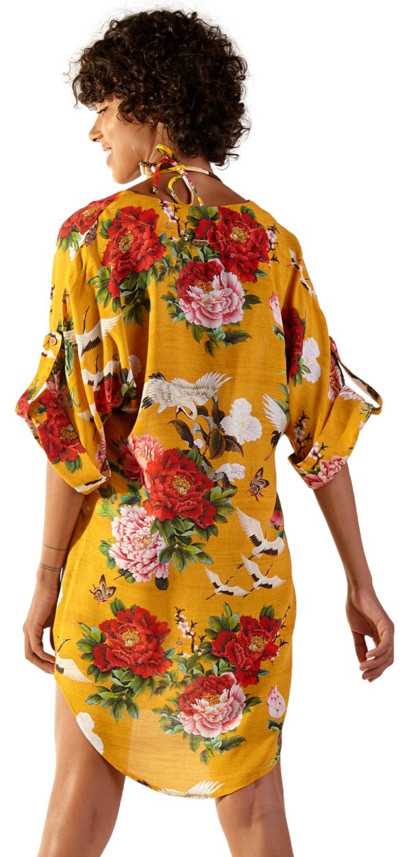 Asymmetrical shirt dress with yellow flowers - CHEMISE MONACO XANGAI