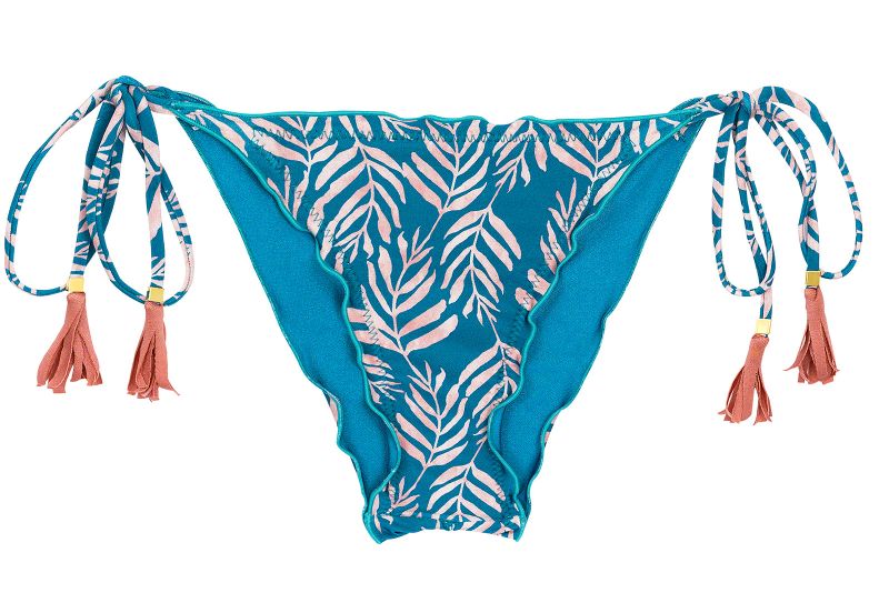 Blue scrunch bikini bottom with leaf pattern and wavy edges - BOTTOM PALMS-BLUE FRUFRU