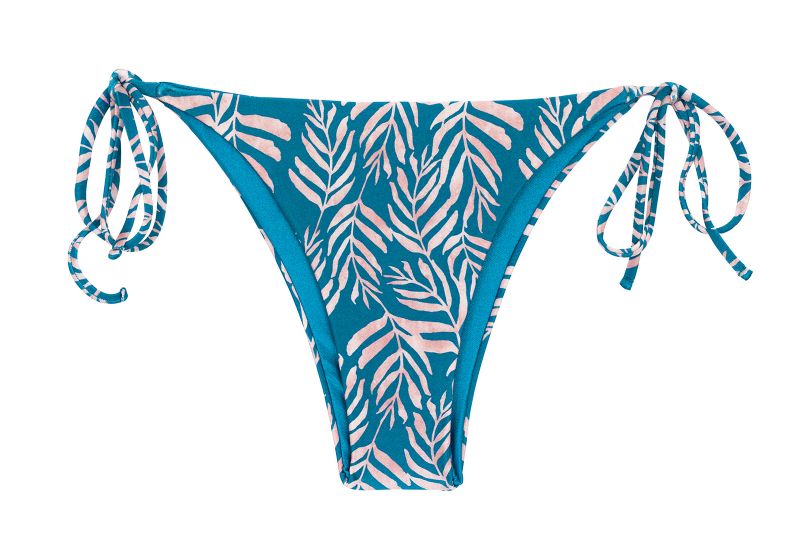 Blue side-tie Brazilian bikini bottom with leaf pattern - BOTTOM PALMS-BLUE IBIZA