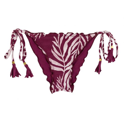 Wine red scrunch bikini bottom with leaf pattern and wavy edges - BOTTOM PALMS-VINE FRUFRU