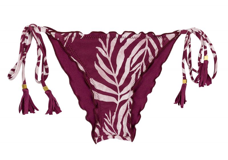 Wine red scrunch bikini bottom with leaf pattern and wavy edges - BOTTOM PALMS-VINE FRUFRU