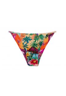 Slip bikini brasiliano sfacciato tropicale colorato, fisso a strisce sottili sui fianchi - BOTTOM SUNSET CHEEKY-FIXA