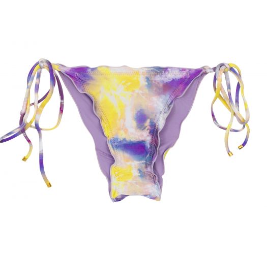 Slip bikini tie dye viola/giallo, lacci laterali, cucitura verticale arricciata posteriore e bordatura ondulata - BOTTOM TIEDYE-PURPLE FRUFRU