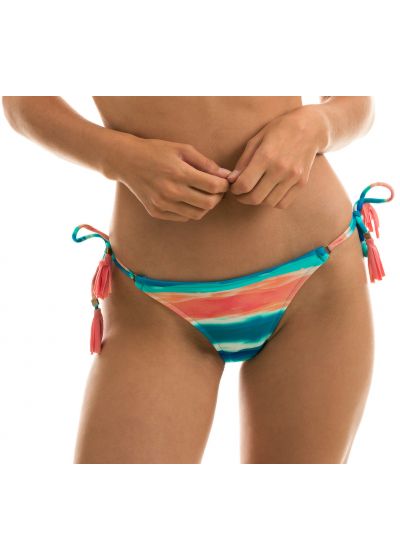 Blue and coral scrunch bikini bottom with pompoms - BOTTOM UPBEAT INVISIBLE MICRO