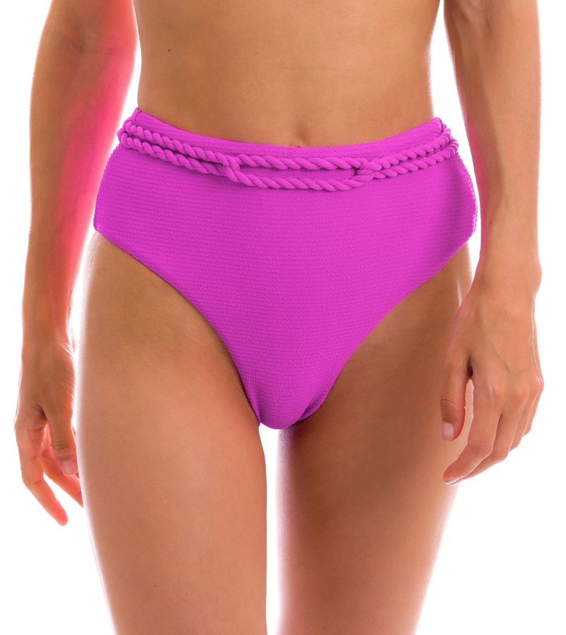 Magenta pink textured high waist bikini bottom with twisted rope - BOTTOM ST-TROPEZ-PINK HOTPANT-HIGH