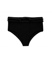 Black textured high waist bikini bottom with twisted rope - BOTTOM ST-TROPEZ-BLACK HOTPANT-HIGH