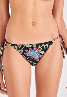 Black floral side tie scrunch bikini bottom - BOTTOM SUN KISS LIFE