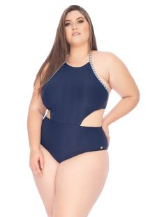 Marineblauwe Braziliaanse plus size trikini met Gingham-ruit details - MAIO ENGANA MAMAE KATY AZUL MARINHO