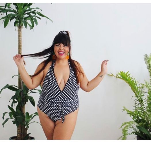 Plus size polka dot one-piece swimsuit with V neckline and open back - MAIO FRENTE UNICA MELISSA POA
