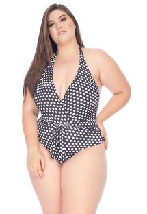 Plus size polka dot one-piece swimsuit with V neckline and open back - MAIO FRENTE UNICA MELISSA POA