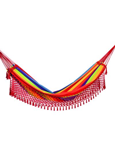 Flerfrgad hngmatta med rda fltade fransar, 4.1M x 1.55M - ARCO IRIS COLORIDA