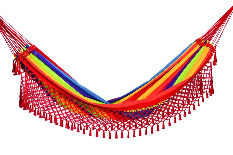 Flerfrgad hngmatta med rda fltade fransar, 4.1M x 1.55M - ARCO IRIS COLORIDA