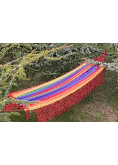 Flerfärgad hängmatta med röda flätade fransar, 4.1M x 1.55M - ARCO IRIS COLORIDA