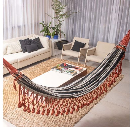 Hammock with stripes and terracotta macrame 4.2m x 1.6m - recycled cotton - HAMMOCK CASAL MARAVILHA
