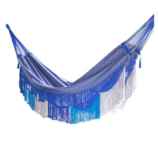 Blue printed hammock with two-tone macrame 4m x 1.6m - recycled cotton - HAMMOCK CASAL PAISAGEM