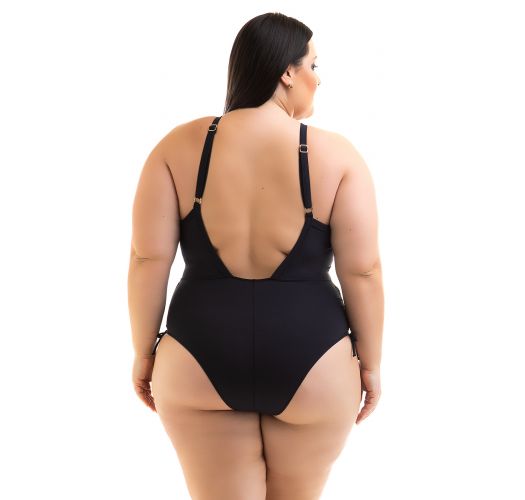 Plus size black high neck swimsuit with openwork - SWIMSUIT CLEYA PRETO