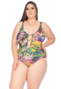 Plus size tropical print one-piece swimsuit with strappy neckline - MAIO SHAPE EMILY FLORESTA