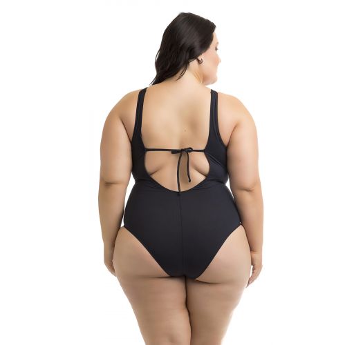 Plus size black 1-piece swimsuit with plunging transparent neckline - SWIMSUIT ANTILHAS PRETO