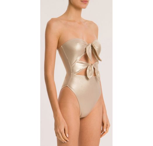 Luxurious metallic gold one-piece swimsuit with knots - METALLIC STRAPLESS HIGH-LEG SWIMSUIT WITH DOUBLE KNOT