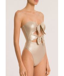 METALLIC STRAPLESS HIGH-LEG SWIMSUIT WITH DOUBLE KNOT