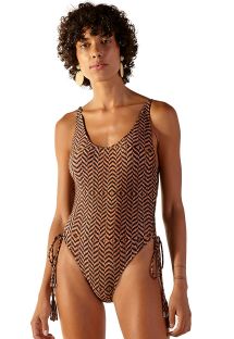 Ethnic brown one-piece swimsuit with laced sides - BETTA GUINE