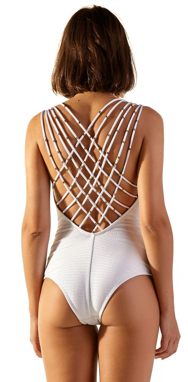 Textured white one-piece swimsuit with strappy back - CAPRI OFF WHITE