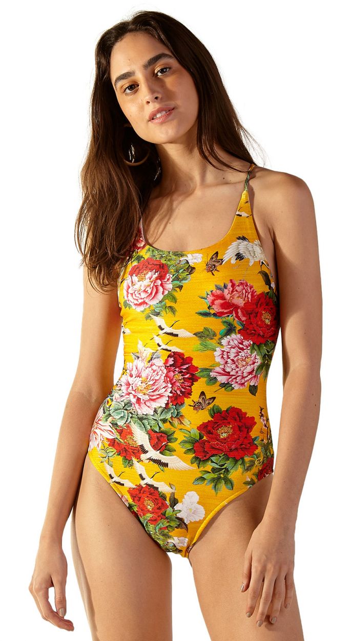 Yellow floral 1-piece swimsuit with crossed back - CORAL XANGAI