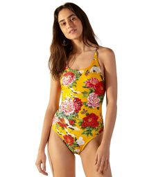 Yellow floral 1-piece swimsuit with crossed back - CORAL XANGAI