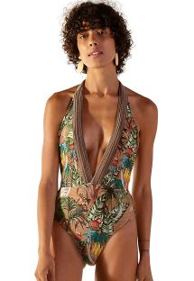 Tropical one-piece swimsuit with plunging neckline - FAIXA GAYA