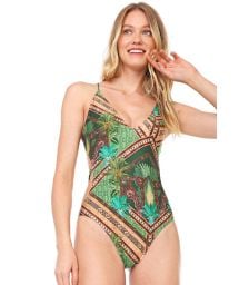 Back laced one-piece swimsuit with green ethnic print - LOLLIPOP JAVA