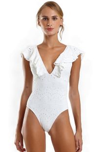 Jednoczęściowy kostium kąpielowy z białej koronki z falbanami - MAIO HULA LAISE BRANCO