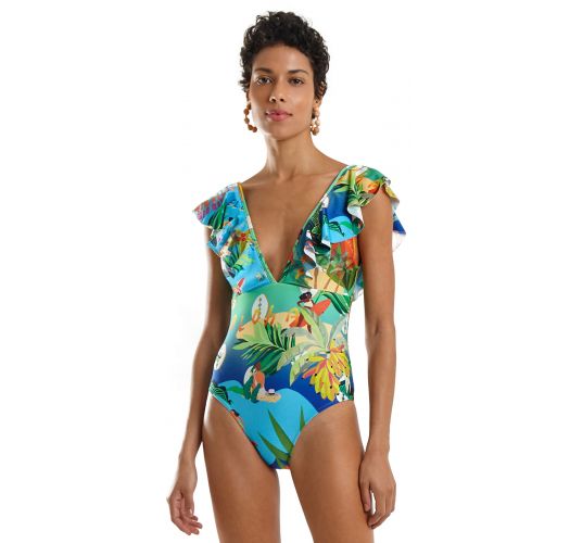 uitbreiden Uitstekend crisis Tropical Print Ruffle Neckline One-piece Swimsuit - Maio Hula Maresia -  Blueman