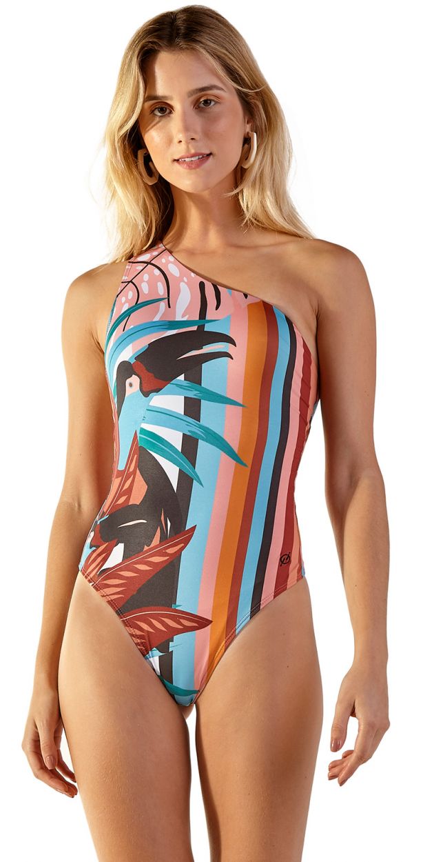 One-piece asymmetrical tropical swimsuit with straps - SARDENHA PALMAR
