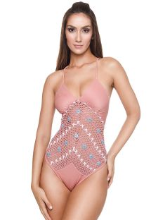 Luxurious pink one-piece swimsuit with macrame and embroidery - EMB CROCHET OP ROSE GOLD
