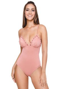 Luxurious pink textured plunging one-piece swimsuit - LINDA OP ROSE GOLD