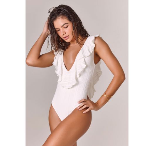 white one piece swimsuit with ruffles