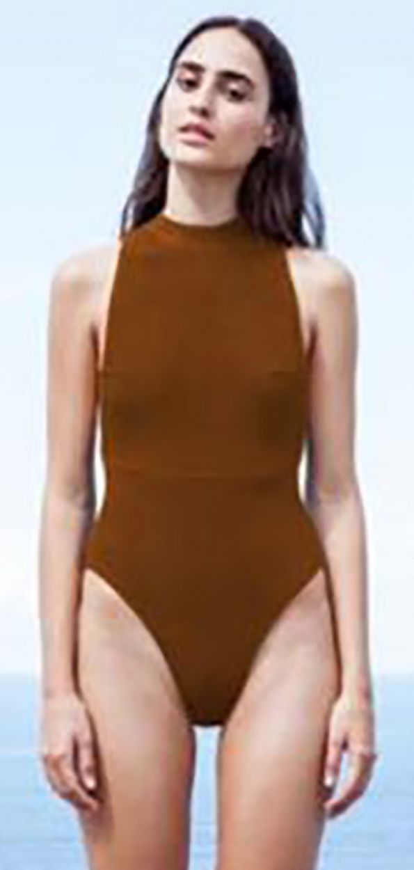 Цельный купальник цвета карамель из текстурированной ткани с высокой горловиной - MAIФ TRICOT KATE CARAMELO