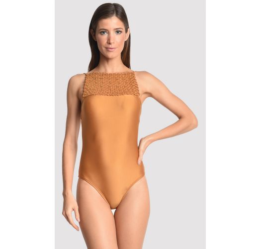 Luxurious one-piece swimsuit with macrame neckline - BASKETRY GOLDEN GRASS
