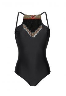 Black one-piece swimsuit with beaded neckline - FRINGE MAILLOT BLACK