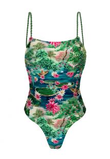 Tropical green & blue one-piece swimsuit with twisted ties - AMAZONIA ELLA