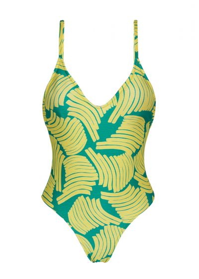High-leg one-piece swimsuit in green print - BANANA YELLOW HYPE