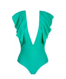 Green one-piece plunging neckline swimsuit with ruffles - BODY BAHAMAS FRILL