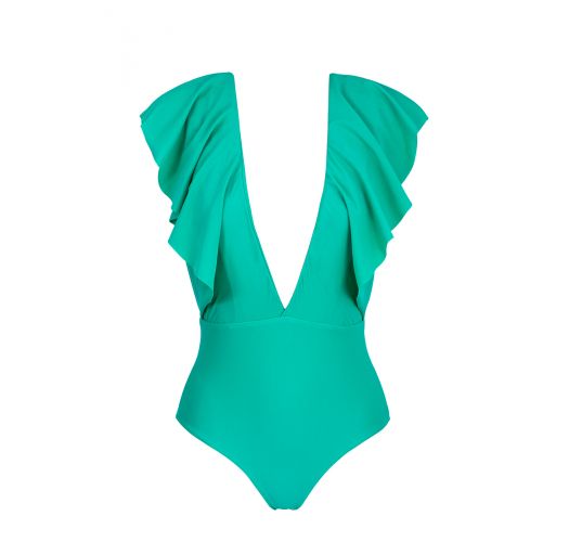 Green One Piece Plunging Neckline Swimsuit With Ruffles Body Bahamas Frill Rio De Sol