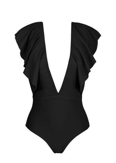 Black plunging one-piece swimsuit with ruffles - BODY BLACK FRILL