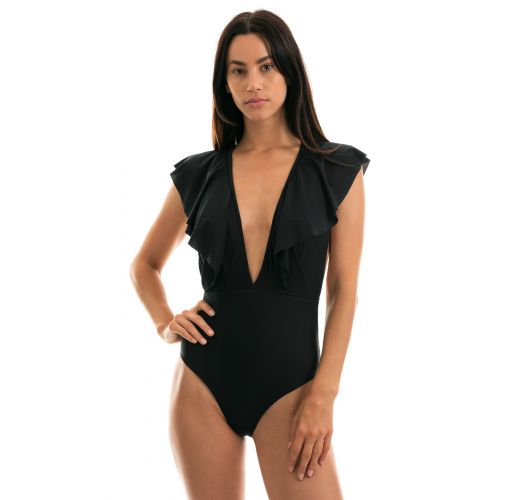 Black plunging one-piece swimsuit with ruffles - BODY BLACK FRILL