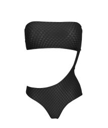 Black asymmetric one-piece  bandeau swimsuit embossed fabric - BODY KIWANDA PRETO RIO