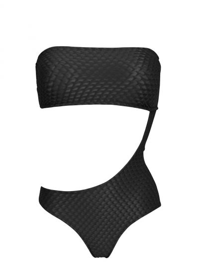 Black asymmetric one-piece  bandeau swimsuit embossed fabric - BODY KIWANDA PRETO RIO